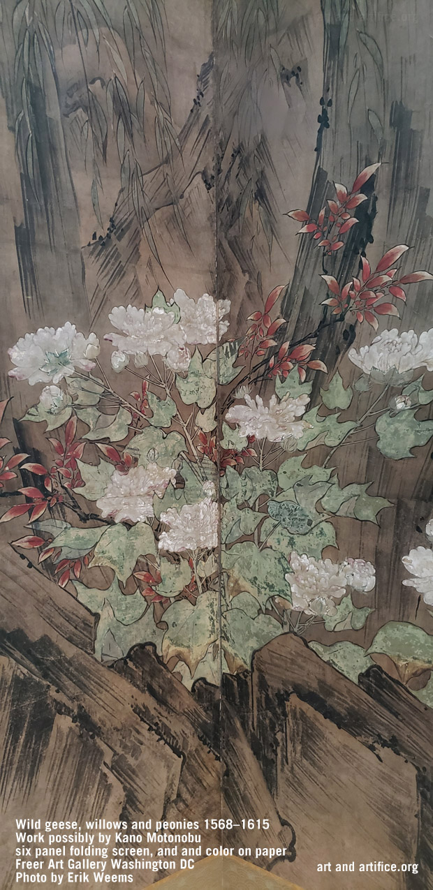 Detail of Wild geese, willows and peonies 1568–1615 Work possibly by Kano Motonobu six panel folding screen, and and color on paper Freer Art Gallery Washington DC  Photo by Erik Weems