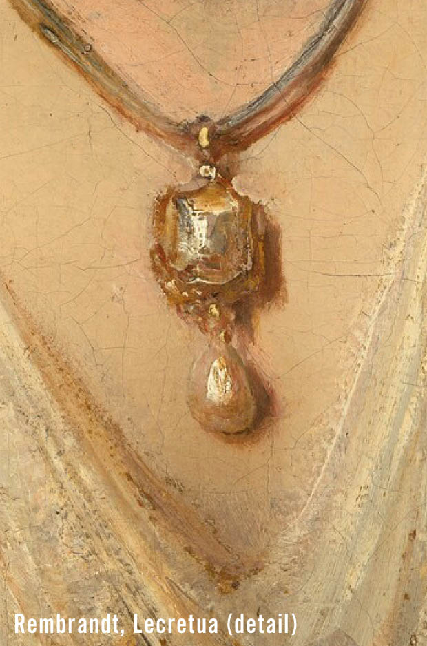 Detail of pearl jewelry on Lucretia, painting by Rembrandt 1664
