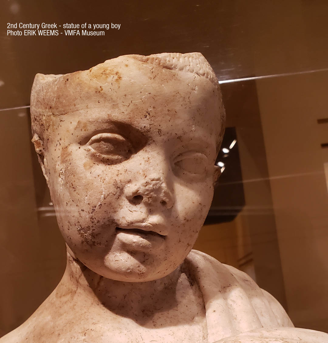 Detail of face of Young Greek Boy 2nd Century Sculpture
