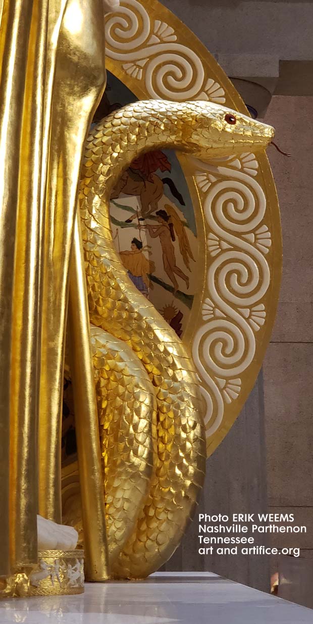 Snake Detail from behid shield golden idol Parthenon of Nashville Tennesee